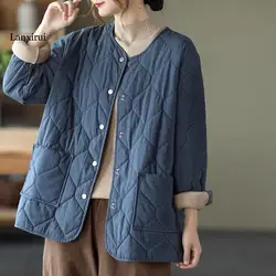 Parka matelassurera en coton fin pour femme, veste rétro chic, parka chaude pour femme, bouton pression minimalisme solide, manteau d'hiver Harajuku