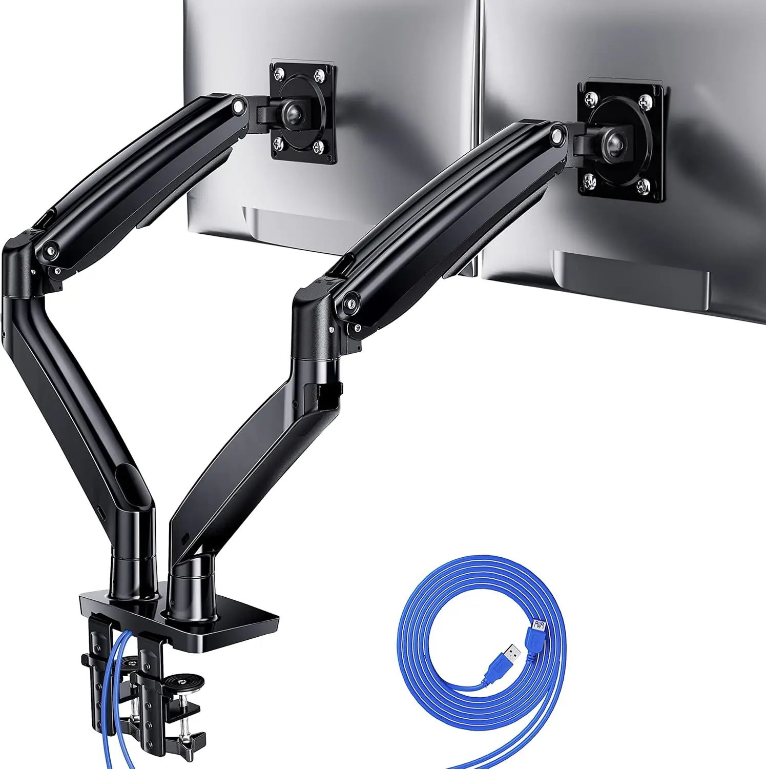 Dual Monitor Desk Mount for 40" Screens, Heavy Duty Adjustable Arm with USB Ports, VESA Compatible
