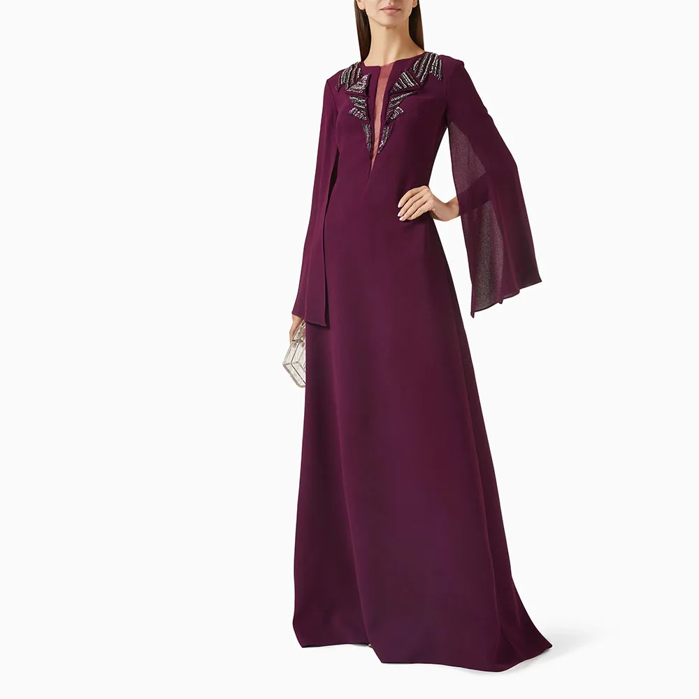 

A Line Prom Dress O Neck Beading Women's Evening Dress Long Sleeves Formal Wedding Party Dress Floor Length Saudi Gown