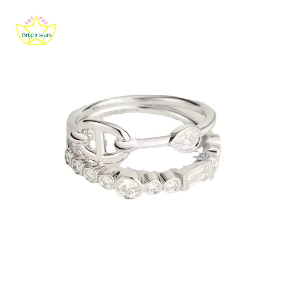 Bright Stars S925 sterling silver pig nose double row diamond ring smooth stitching light luxury fine jewerly