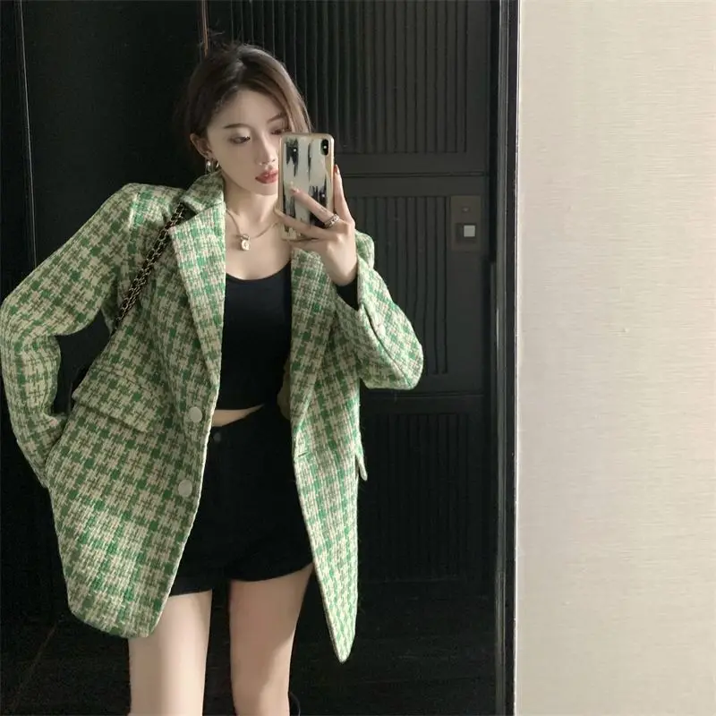 

2022 Autumn Winter Tweed Blazer for Women High End Vintage Style Plaid Mid Length Wool Suit Jacket Trendy and Elegant Outerwear