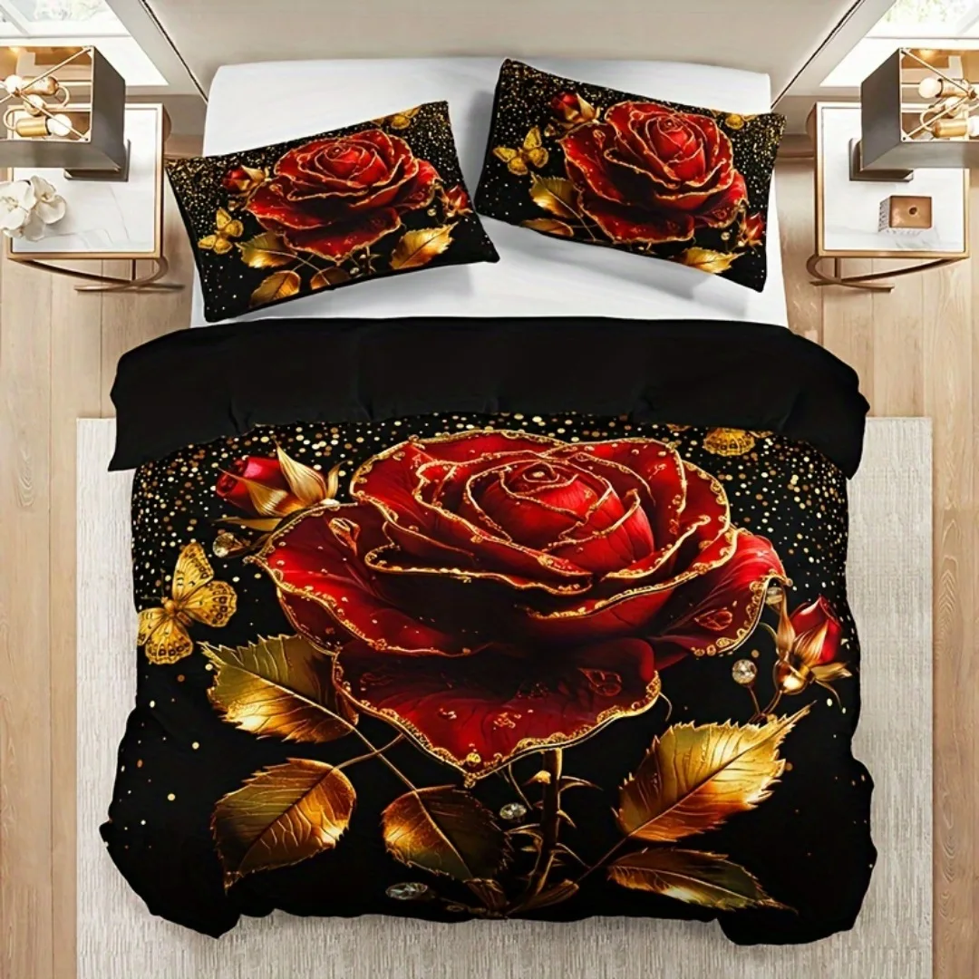 

Luxury Golden Rose 3D Print Bedding Set Romantic Breathable Duvet Cover King Queen Twin Single Size for Bithday Gift Room Decor