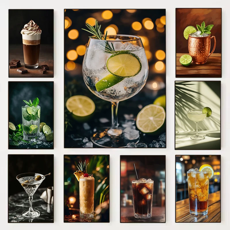 Modern Cocktail Drinks Martini with Olives Mojito Pineapple Juice Poster Canvas Painting Wall Art Pictures Home Bar Decor