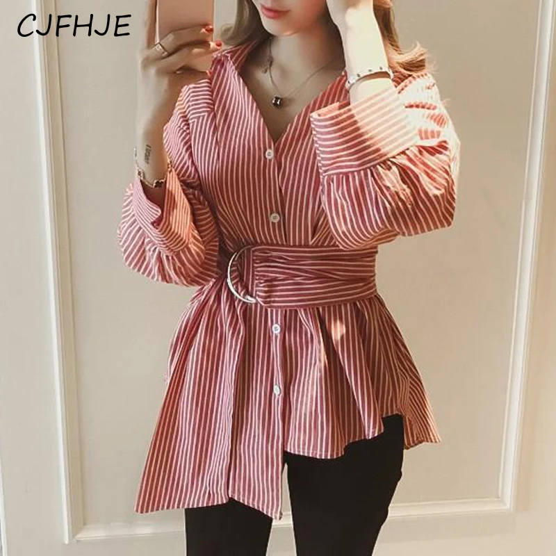 

CJFHJE Women's Korean Fashion Lace Up Striped Blouse V Neck Asymmetrical Button Up Shirt Casual Long Sleeve Loose Tops Elegant