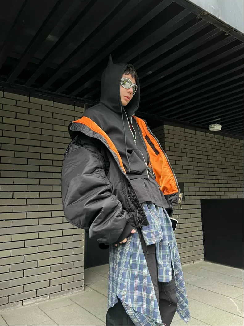 

Ailz Project American Hooded Flight Warm Cotton Jaet Baseball orm Coat Distred Loose Fit Long Sve Zipper Cl...