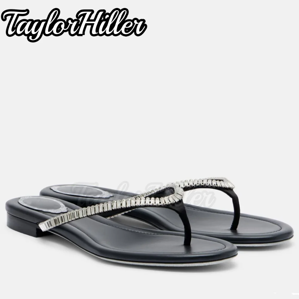 Crystal-embellished Thong Sandals Clip Toe Slip On Square Heel Heels Outer Slippers Narrow Band Summer Slides New Leisure Shoes