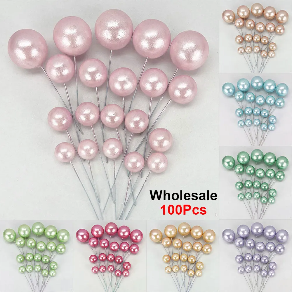 100Pcs Pearl Balls Cake Toppers 2/4cm Glitter Glossy Pearl Rose Gold Balls Cupcake Toppers for Birthday Wedding Party Cake Decor