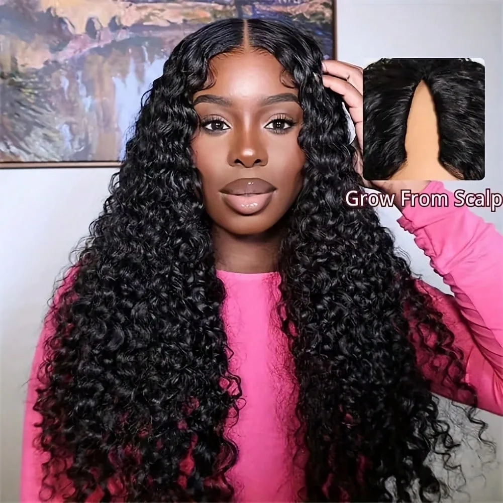 V Part Curly Wig Human Hair Upgrade U Part Wig with Drawstring 250% No Leave Out Glueless V Shape Full Head Clip In Half Wig