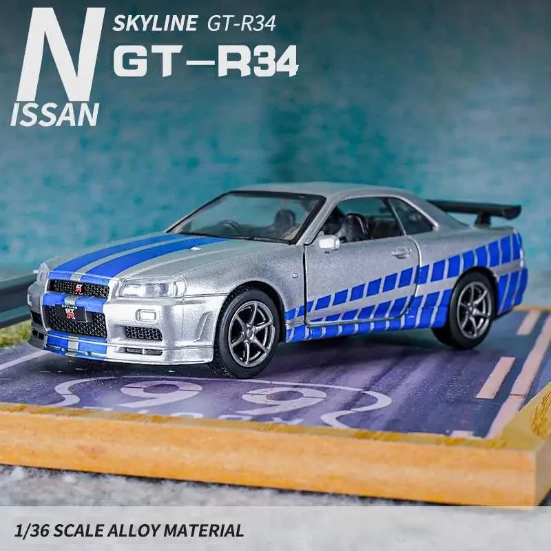 1:36 Nissan GTR R34 Skyline Ares Die Cast and Toy Car Metal Toy Fast and Furious Car Model Collectible Ornament