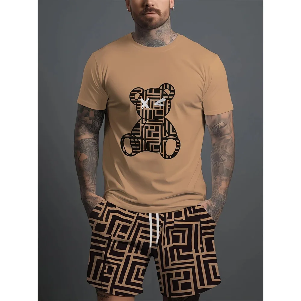 T-shirt ort Sve con stampa orso 3D da uomo Set Cross Border Sle Abbigliamento casual estivo Colletto in materiale sottile Vestibilità comoda
