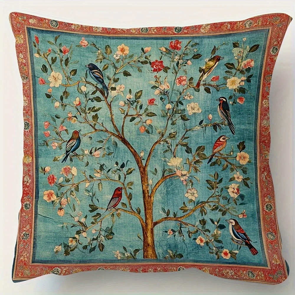 Exquisite Floral and Bird-Printed Pillowcase for a Touch of Nature's Beauty Sofa cushion cover, home decoration, 2D printing