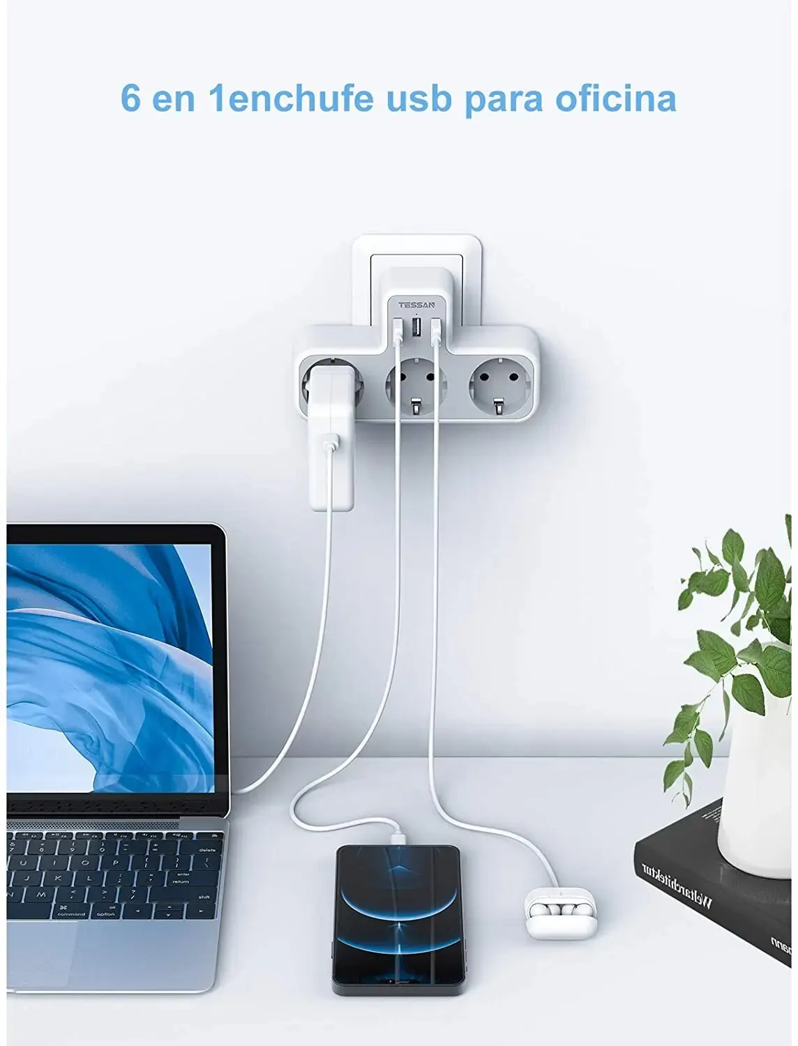 TESSAN EU Plug Power Strip with 3 AC Outlets and 3 USB Ports, Multiple Wall Socket Adapter Overload Protection for Home Office