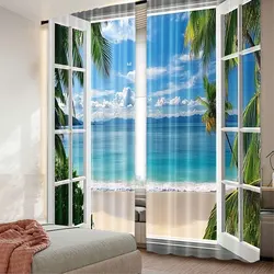 2Pcs Coastal Chic Beach Pattern Curtains Suitable For Bedroom Bathroom Living Room Dining Room Study Room Office A