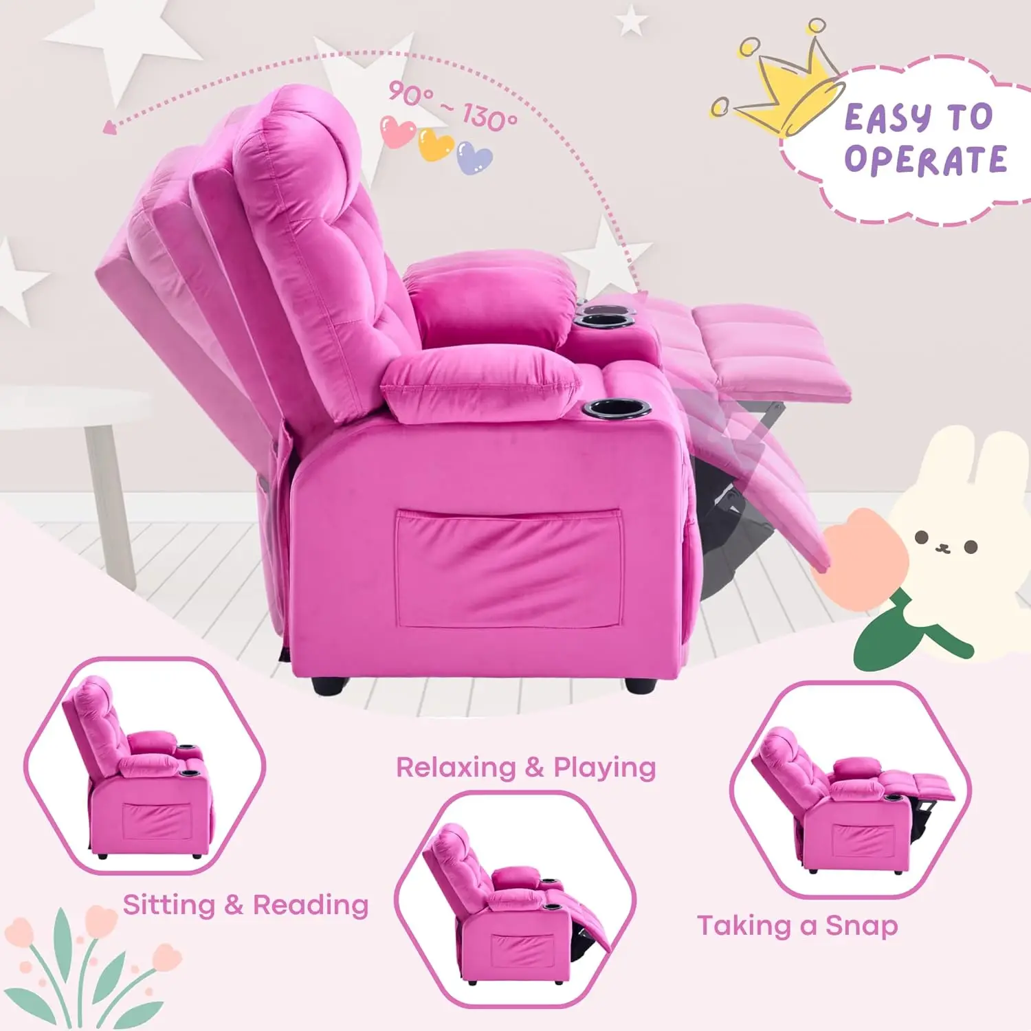 Sedia reclinabile Donut per bambini con portabicchieri e tasche, velluto, dai 3 ai 12 anni