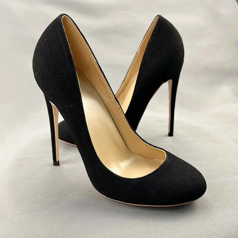 Veowalk 10cm 12cm Black Suede Women Elegant Essential Round Toe Stiletto Pumps Customizable Slip On High Heel Shoes Size 33-46