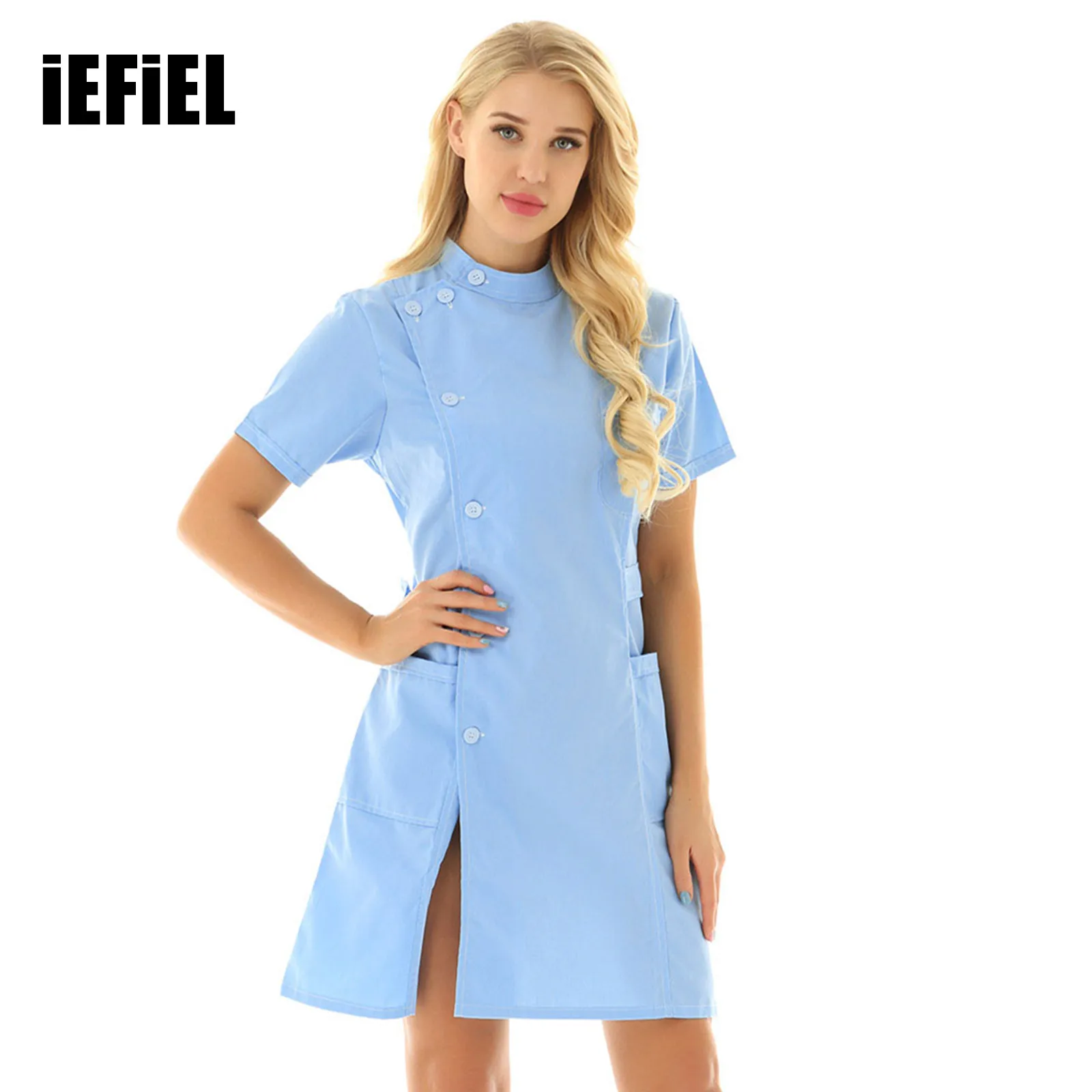 

Womens Nurse Uniform Dresses Mandarin Collar Short Sleeve Slanting Button Front Medical Hospital Nurse Scrub Lab Coat Dress