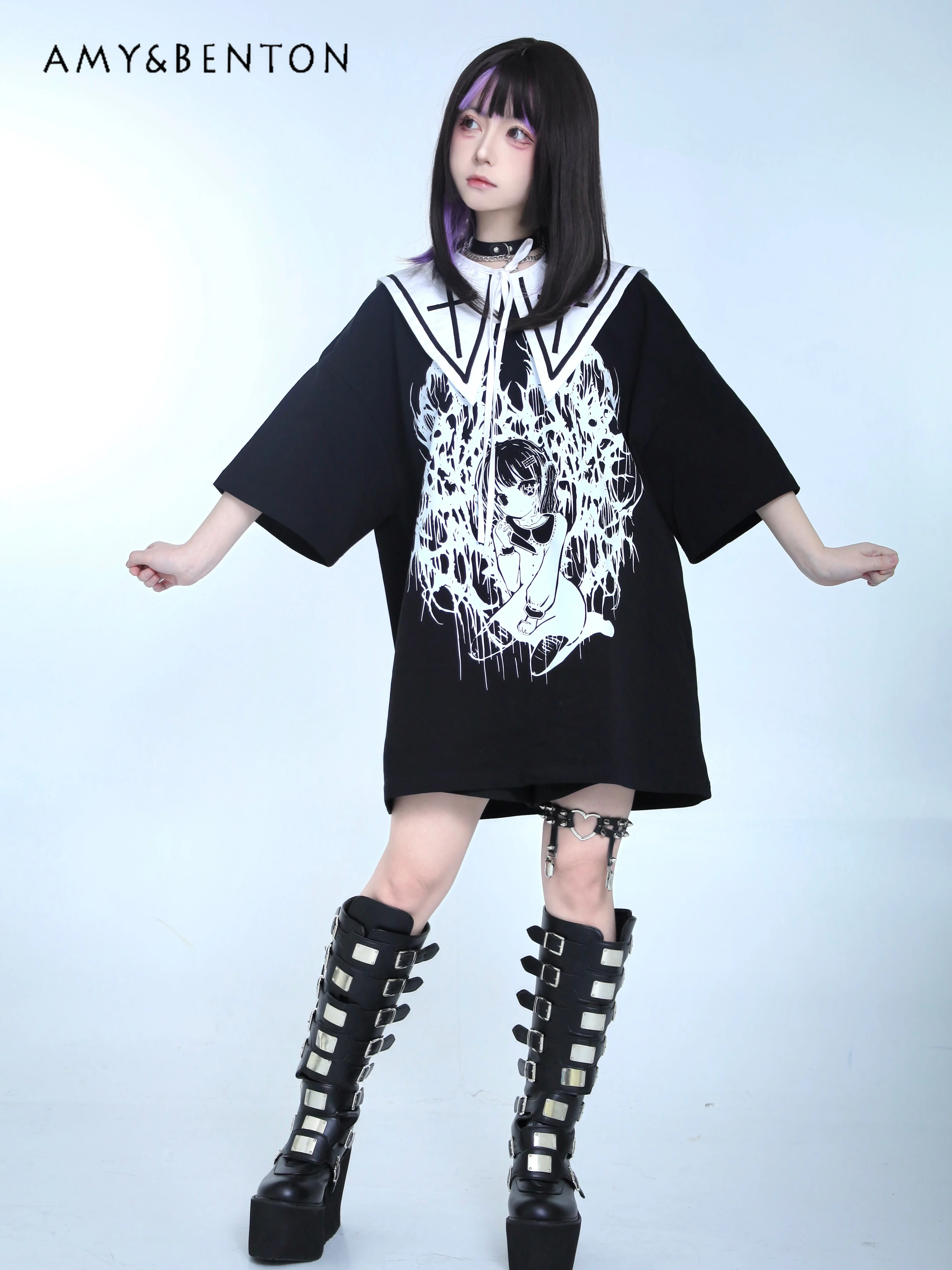 High Street Black Anime Print Subculture Short-Sleeved Tops Summer Harajuku Gothic Round Neck Oversized T Shirt Hot Girl Y2k Top