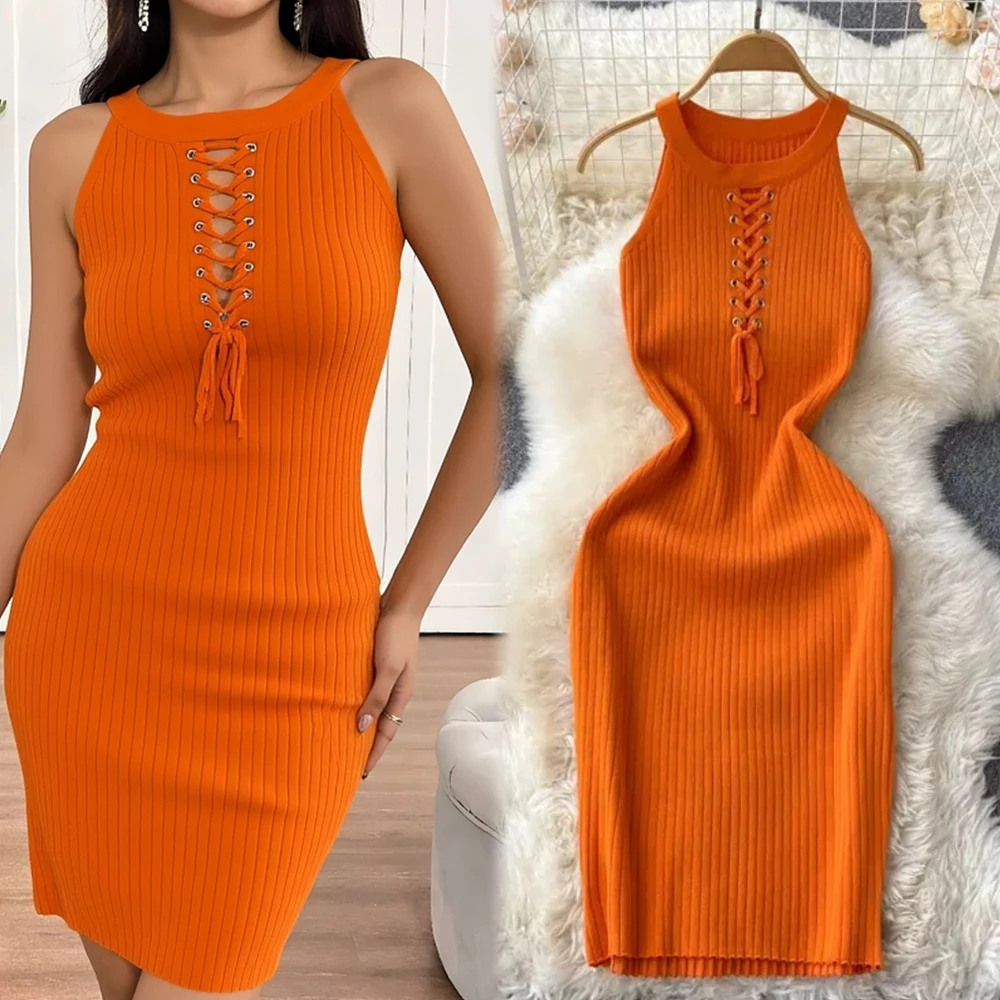 YuooMuoo 여성 여름 스타일 니트 미니 드레스 레이디 섹시한 붕대 랩 힙스 클럽 파티 드레스 streetwear 의상 vestidos