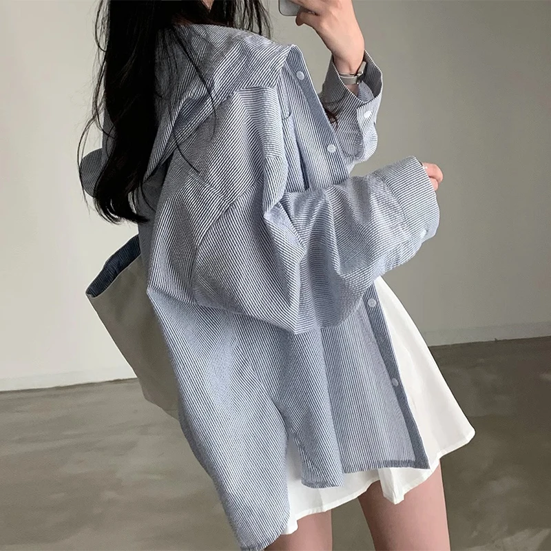 Chic Spring Vintage Anti-Aging Single Button Loose Casual All-Match Hooded Sun Protection Long Sve Striped Women's irt