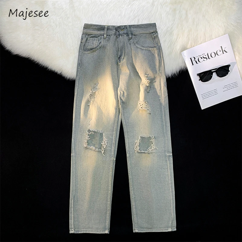 

Jeans Men Frayed Solid Vintage Retro Hole High Street Hipster Handsome Korean Style Stretchy Simple Daily All-match Washed 2023