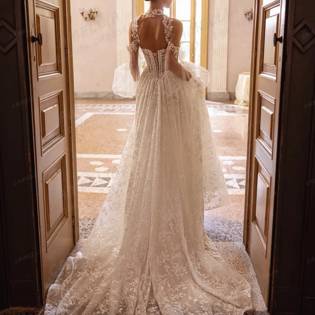 Luxury Appliques Wedding Dresses Women's Sexy A Line Lace Sweetheart Long Sleeve Tulle Bridal Gowns Vestidos De Novia Customized