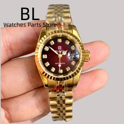BLIGER 26mm NH05 Mechanical Lady's Watch Silver Rose Gold Strap Fluted Bezel Sapphire Glass Black Dial Diamond Index Waterproof