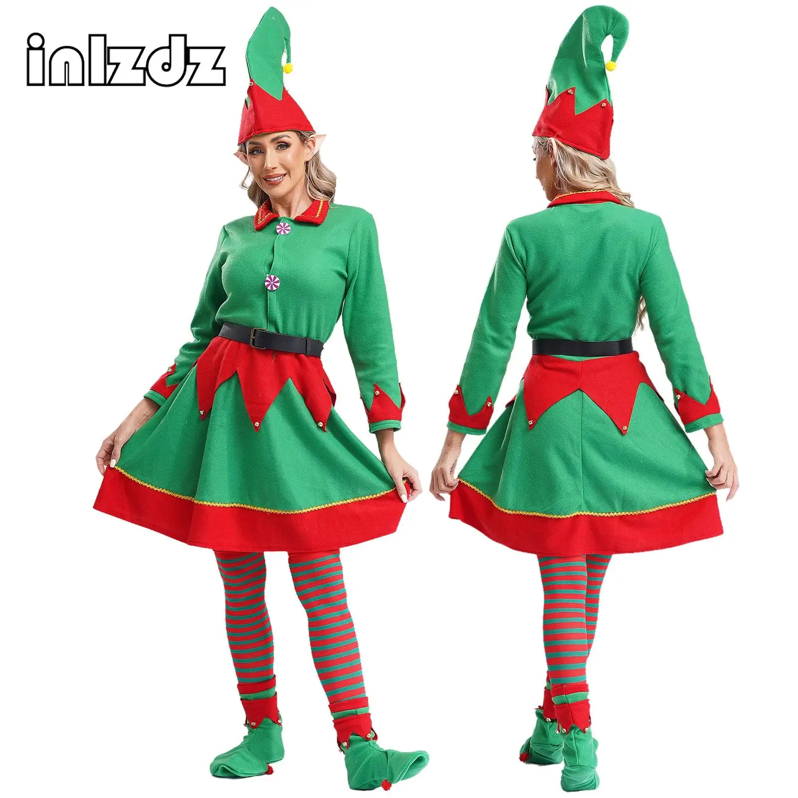 

Womens Christmas Elf Cosplay Costume Holiday Party Velvet Outfit Santas Helper Flannel Dress with Hat Shoes Belt Stockings Set