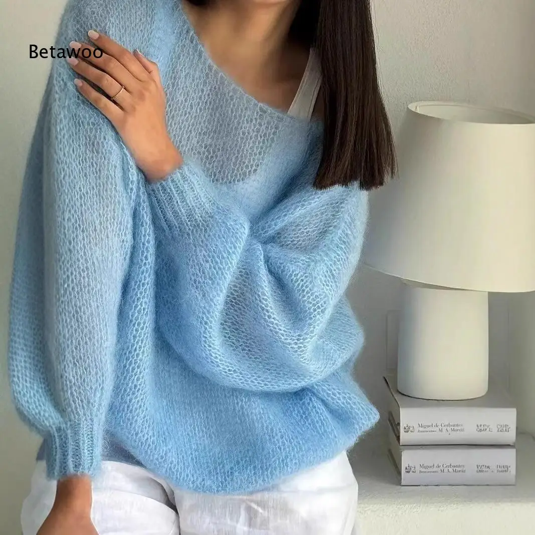 Damen Oversize Transparenter Mohair-Strickpullover Lässiger Langer Puffärmel Loser Oberteil