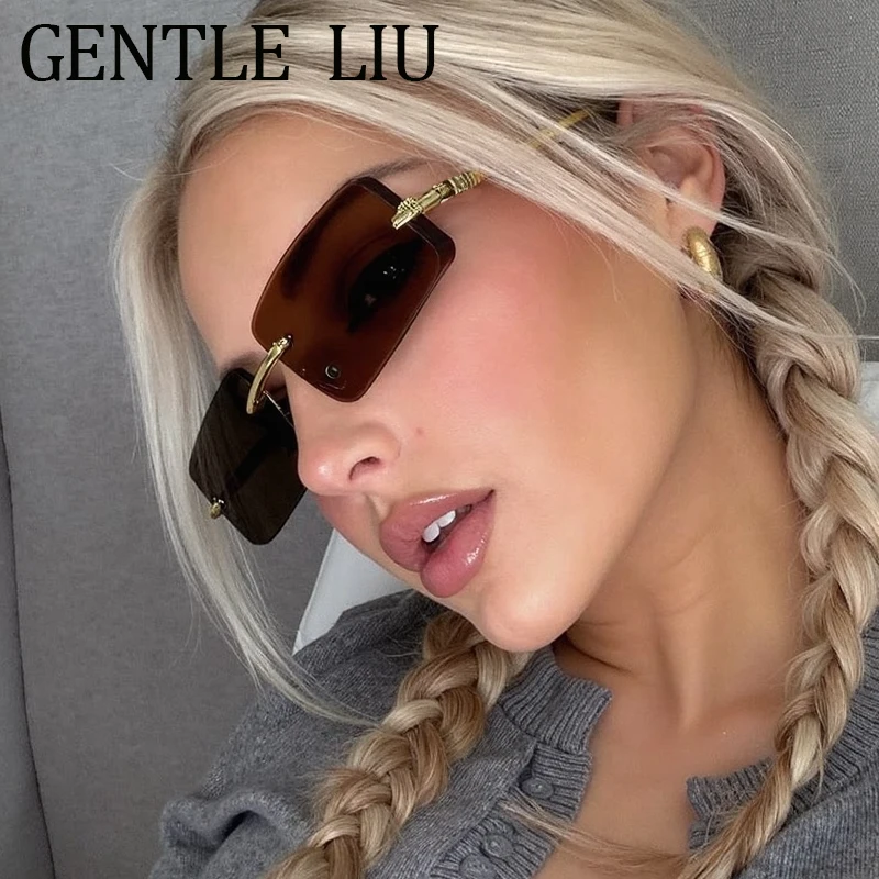 

Rimless Rectangle Sunglasses Women 2026 Luxury Brand Punk Frameless Leopard Eyewear Vintage Anti Blue Light Prescription Glasses