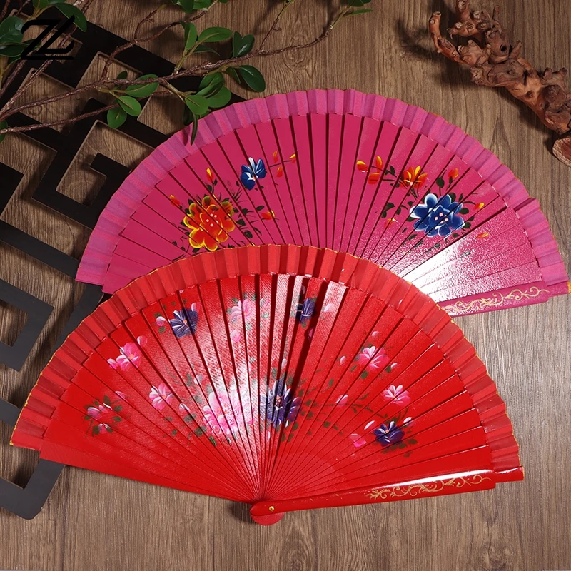 Beau ventilateur pliant de style chinois, creux, double face, artisanat, cadeau, impression phtalique, bois, espagnol, fournitures de fête, chaud, 1 pièce