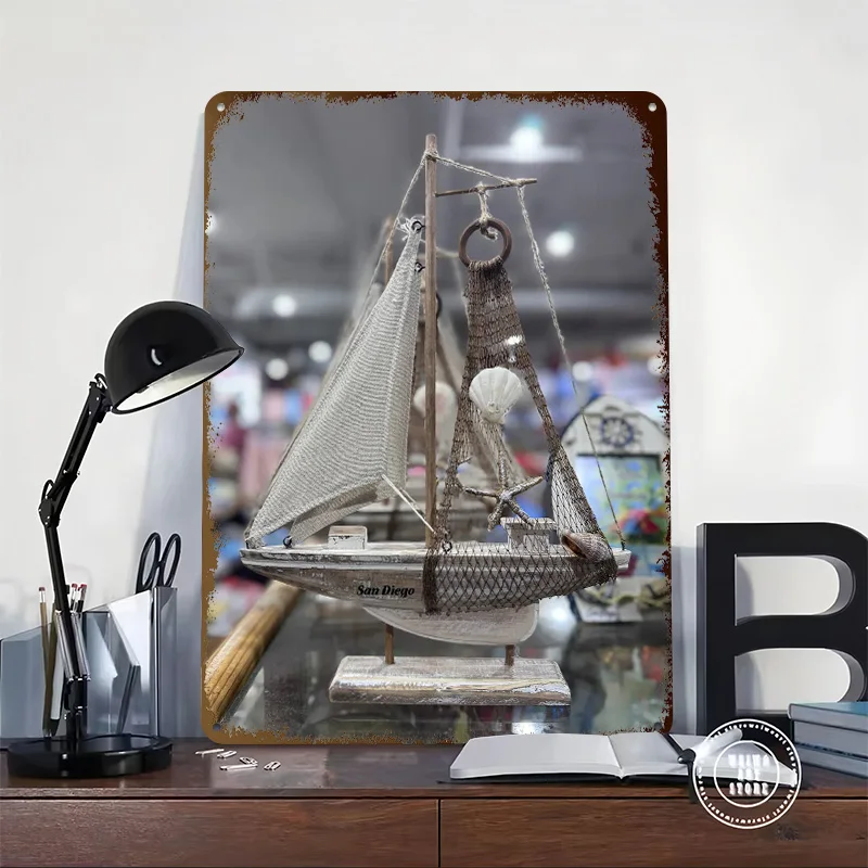 San Diego Sailboat With Seashells Tinplate Poster Custom Wall Art Vintage Metal Signs Retro Tin Plaque for Bedroom Decorations
