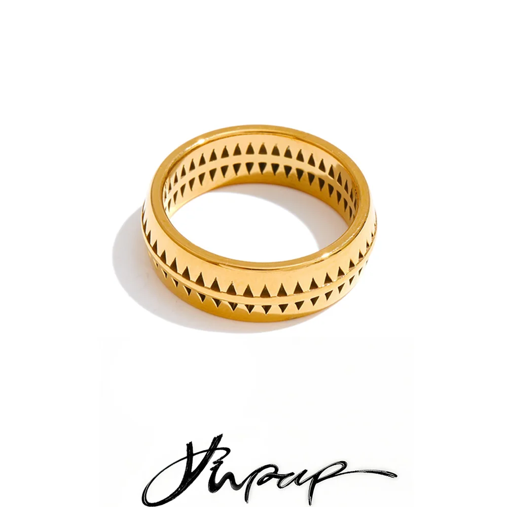 Yhpup Size 678 Stylish Unique Design Stainless Steel Hollow Triangular Golden Ring Tarnish Resistant Metal Popular Jewelry New