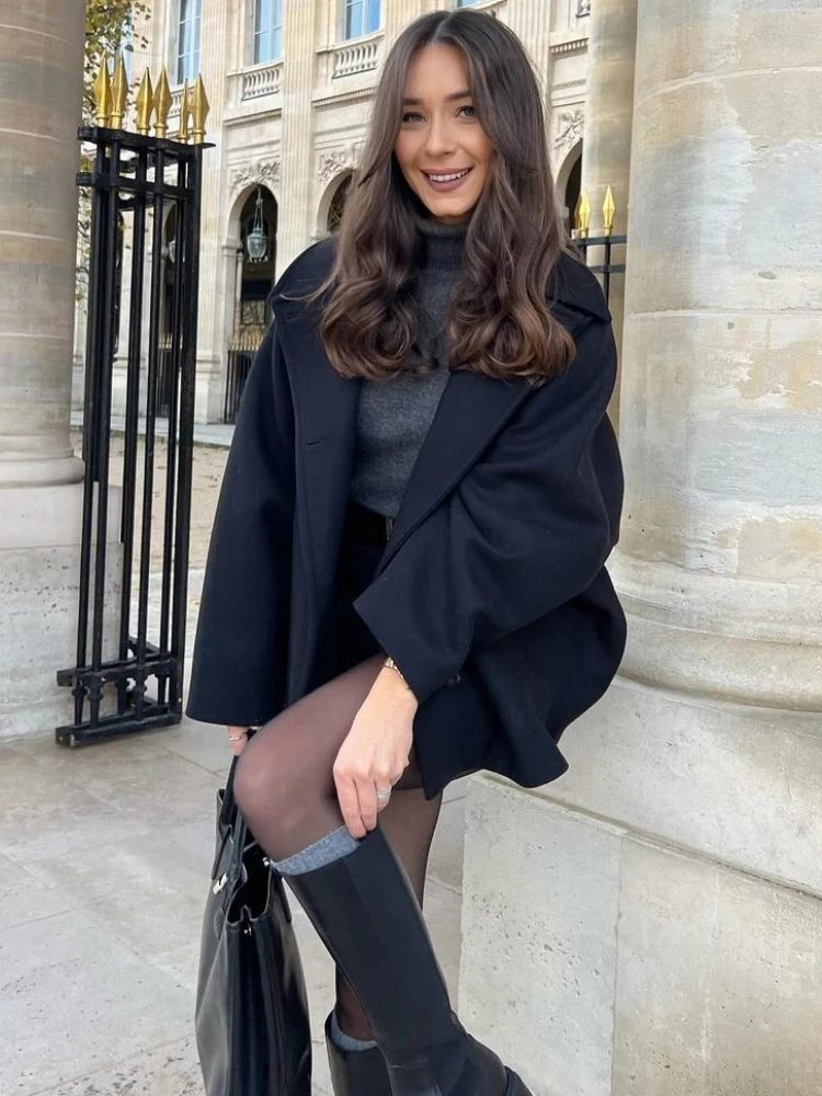 Chaud solide Vintage vêtements d'extérieur automne hiver manteau femmes bouton Oblique ample manches chauve-souris veste manteau revers Double poche