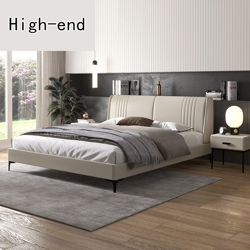 Genuine Leather Double Bed  Modern Luxury Box Frame Structure Bedroom Soft Backrest Home Furniture  European Style New Arrival