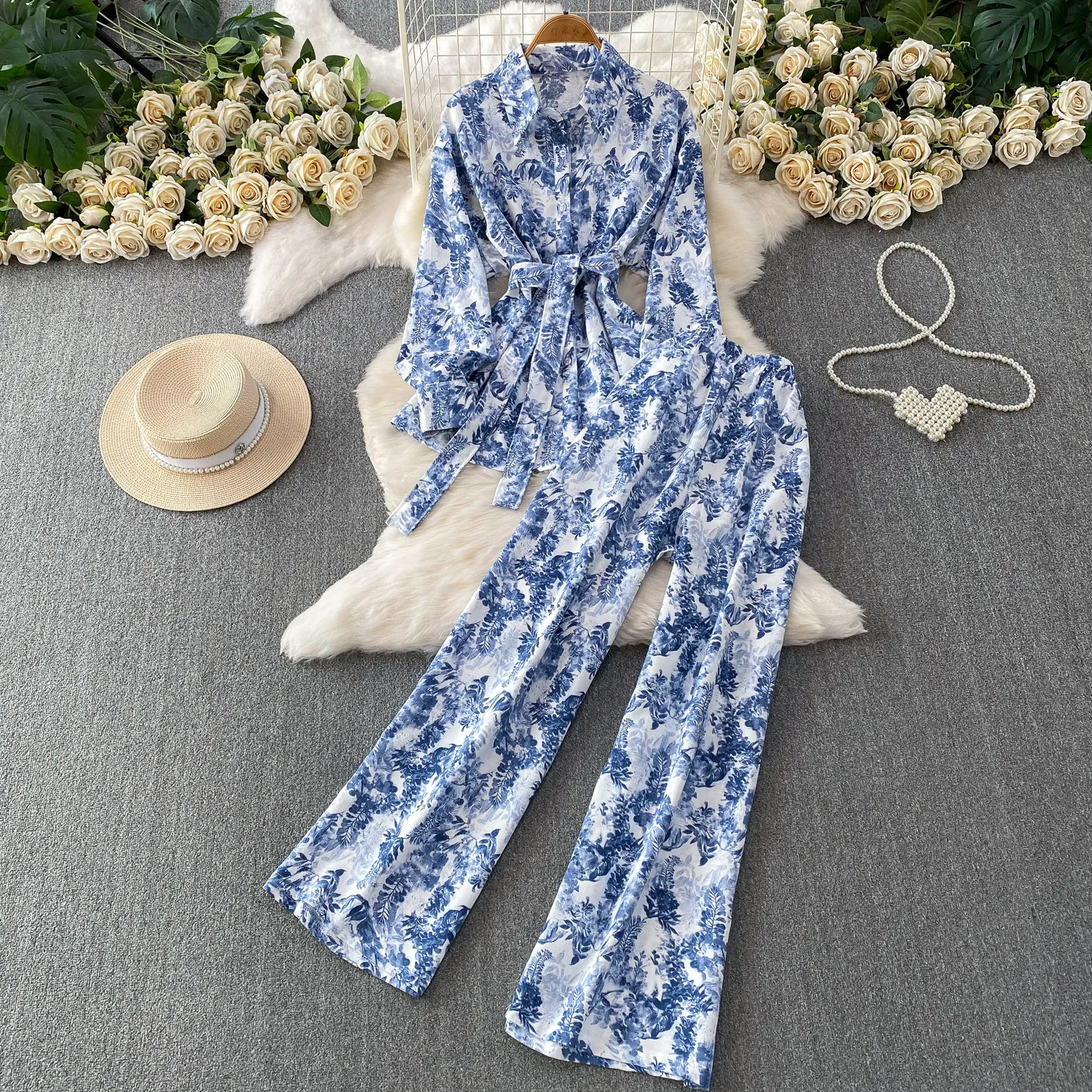 Wash Painting Print Women's Two-piece Set Vintage Long Sleeve Sun-protective Clothing with Sashes & High Waist Wide Leg Pants