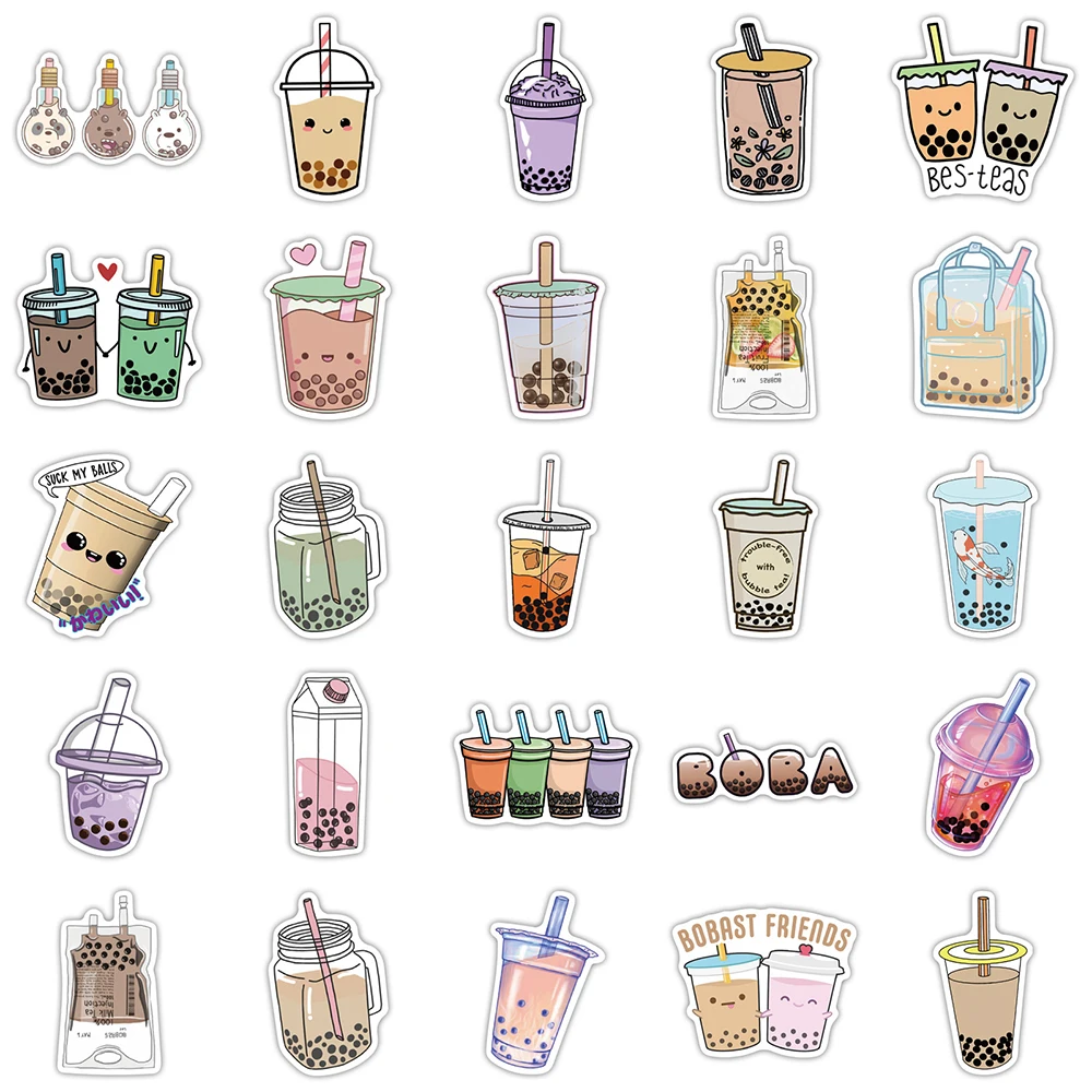 10/30/50pcs Cute Pearl Milk Tea Stickers Bubble Tea Drink Cartoon Decals for Kid DIY Laptop Water Bottle Kawaii Sticker Toy Gift