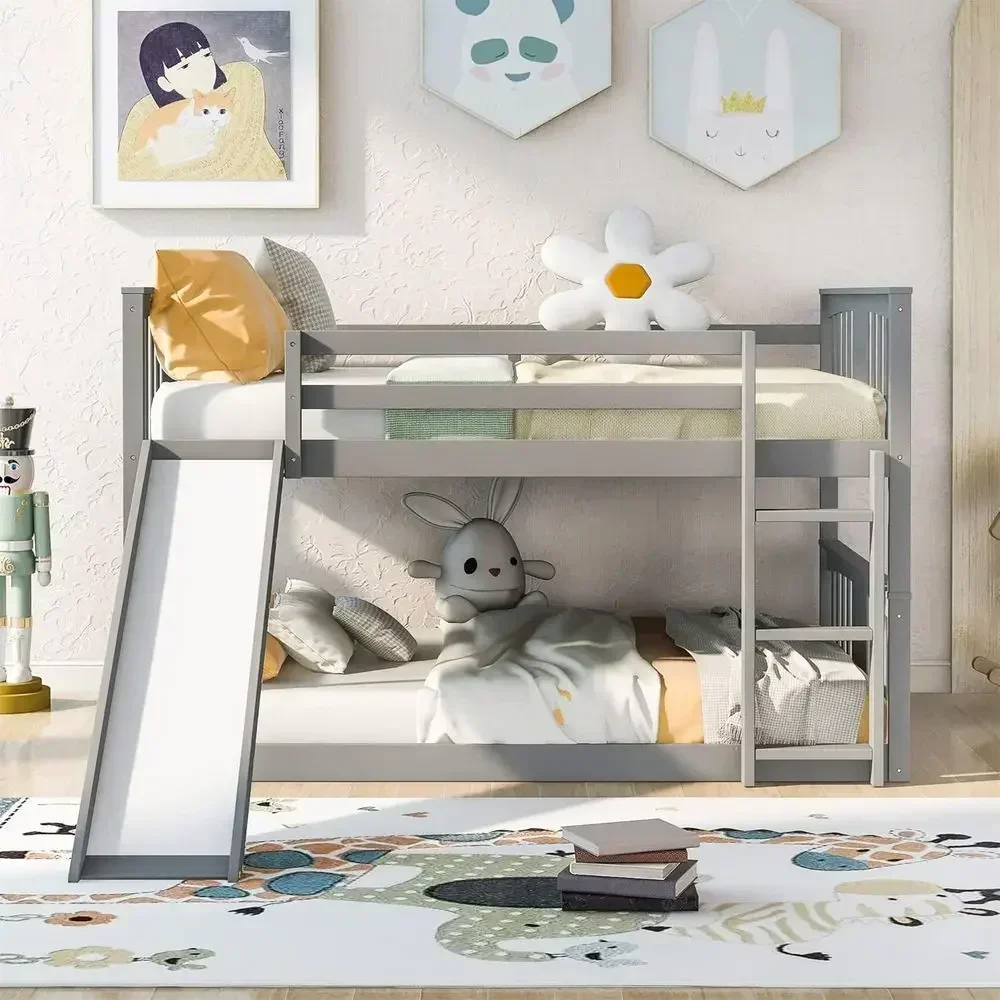 Grey Solid Wood Full Over Full Bunk Bed with Slide and Guard Rail for Kids and Teens
