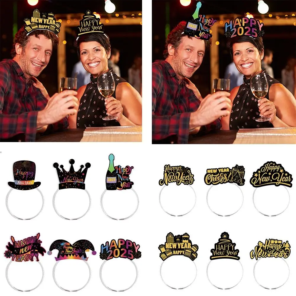 6pcs /set Paper 2025 Happy New Year Headband Letter Black Gold New Year Paper Hair Hoop Headdress Photographic