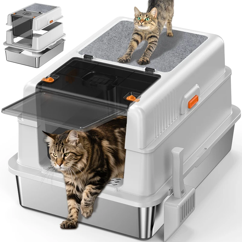 

XXXL Large Stainless Steel Cat Litter Box with Lid and Scraper Pad, 70cm Suitable for Extra Large Stainless Steel Cat Litter Boxes, 180 ° Flip-Top Lid and Three-In-One Design, Suitable for Large Cats and Multi-Cat Households, Non-Stick Bottom, Leak-Proof.