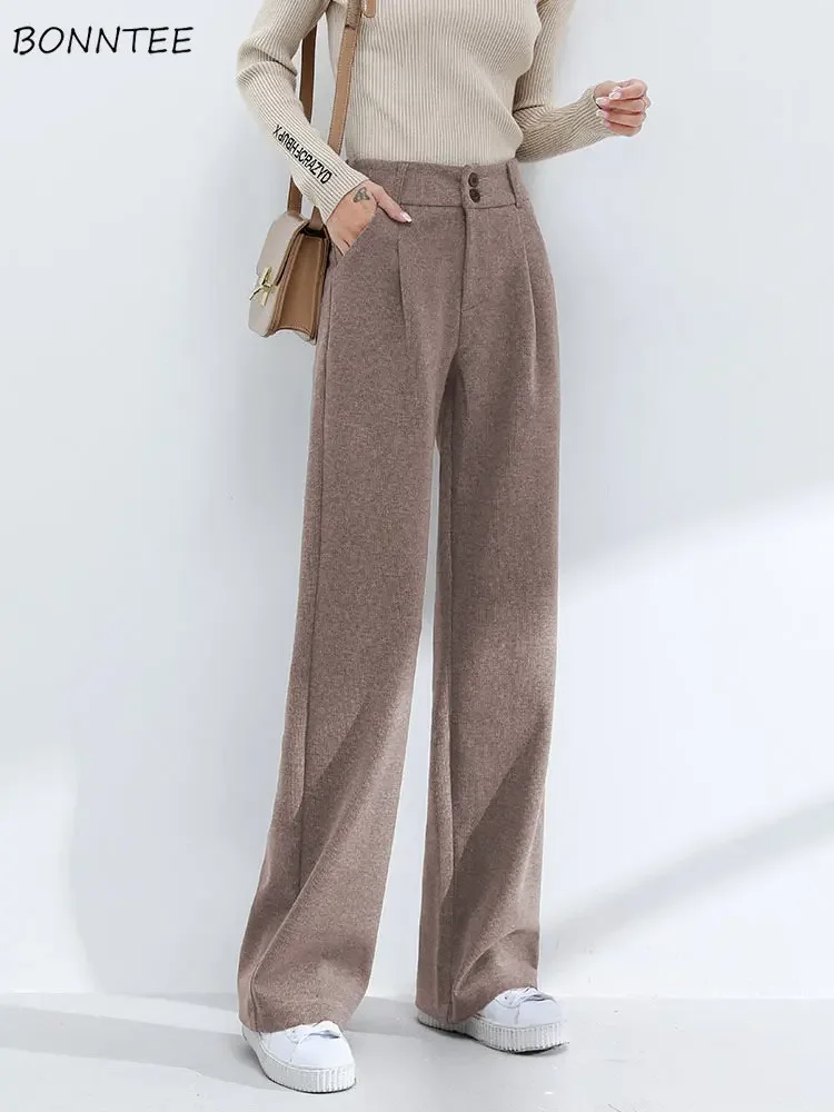 S-3XL High Waist Pants Women New Basic Wide Leg Leisure Thicken Winter Simple Elegant Office Lady Streetwear All-match Harajuku