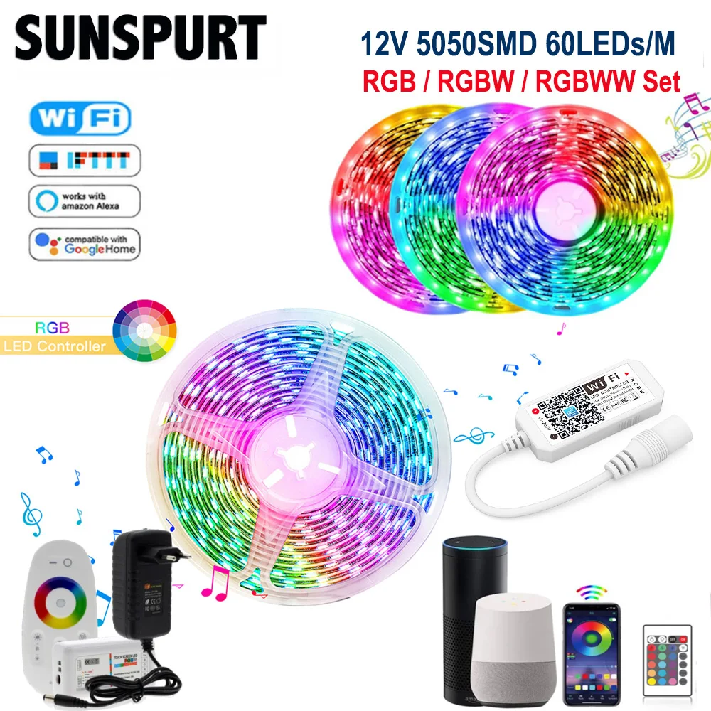 

5-20M WiFi Smart RF2.4G Набор светодиодных лент DC12V RGB / RGBW / RGBWW Гибкая световая лента RGB Цвет + Пульт дистанционного управления + Адаптер питания