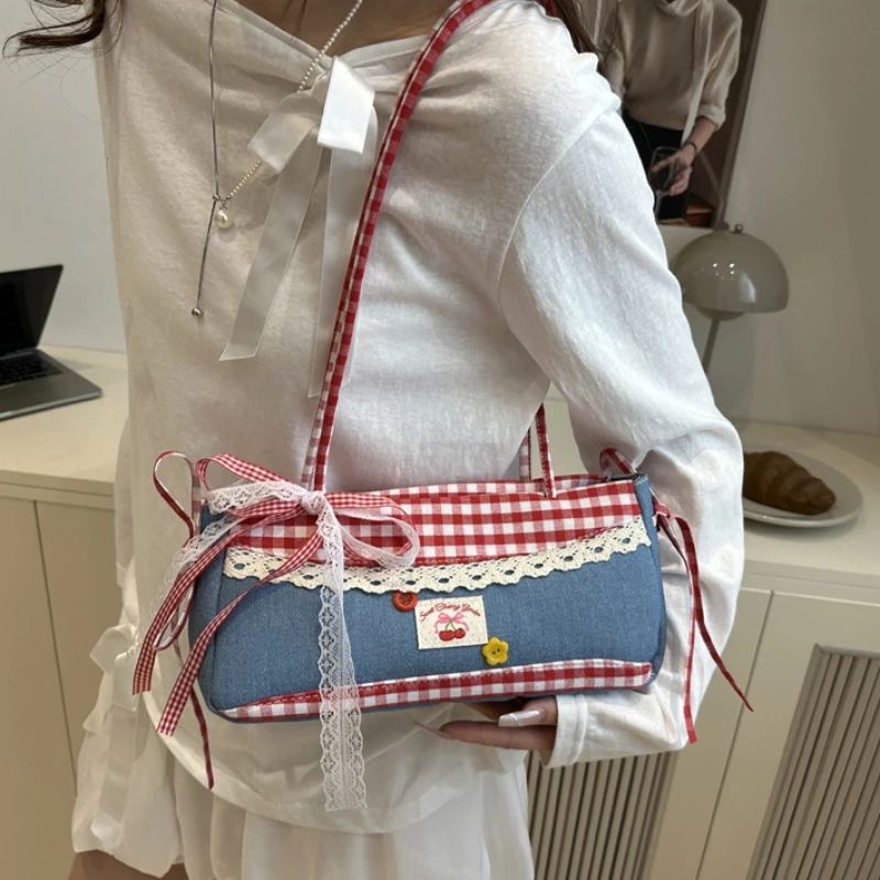Versatile Lace Bow Plaid Women Shoulder Bags Casual College Girls Denim Underarm Bag Large Capacity Female Square Handbags Tote
