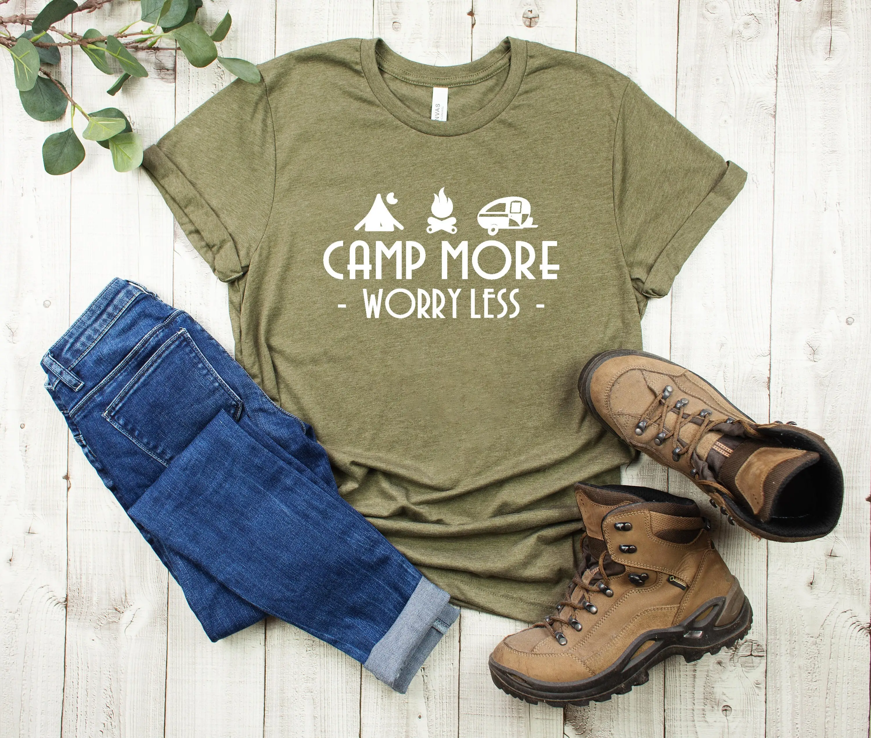 Camp More Worry Less T Shirt Hike Womens Camping Love Hiking Campfire