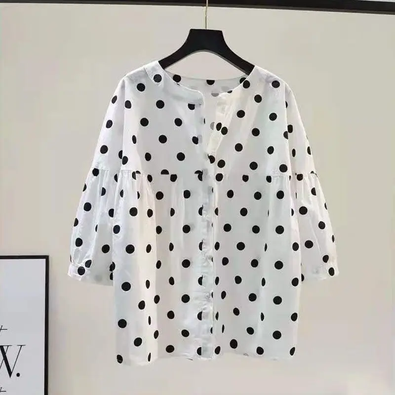 Retro Style Dot Pure Cotton Shirt for Women\'s 2024 Spring Summer Temperament Round Neck Three-quarter Sleeve Loose Trendy Top