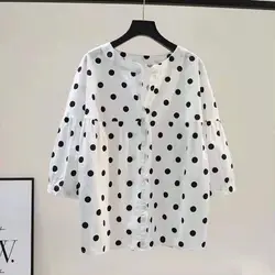 Retro Style Dot Pure Cotton Shirt for Women's 2024 Spring Summer Temperament Round Neck Three-quarter Sleeve Loose Trendy Top