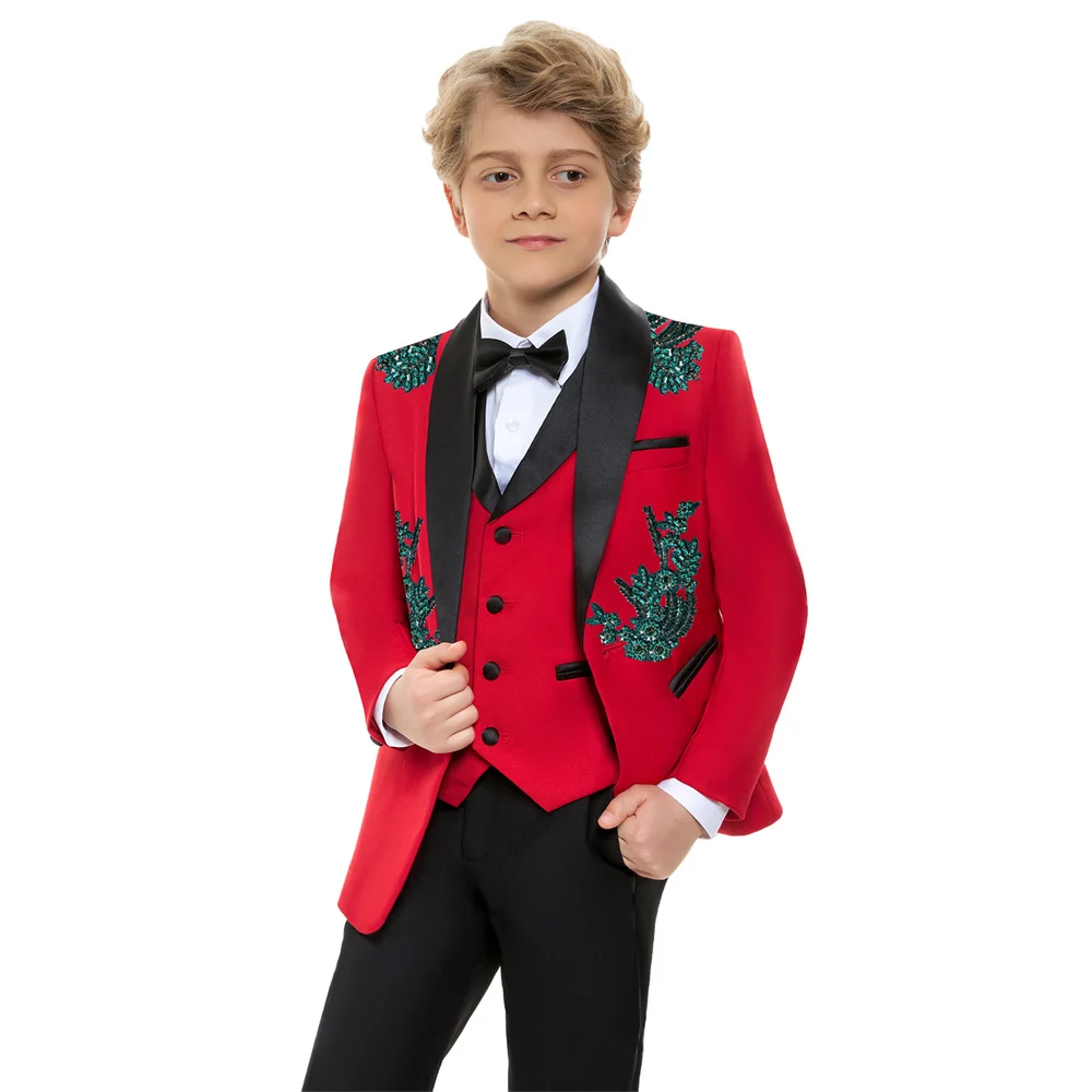 

Stylish Red Christmas Boys Suit Set 4 Pieces Smart Elegant Shawl Lapel Tuxedo Stage Performance Wear Luxury Beaded Suits 3-14T
