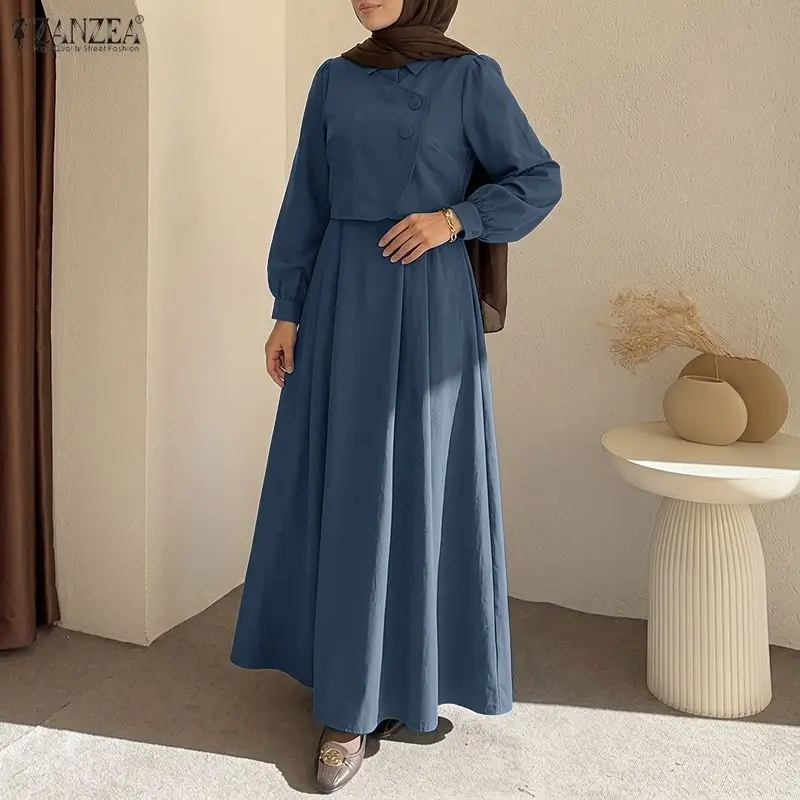 

ZANZEA Ramadan Robe Fashion Muslim Dresses Women Elegant Long Sleeve Pleated Sundress Dubai Abaya Casual Kaftan Fake 2 Pieces