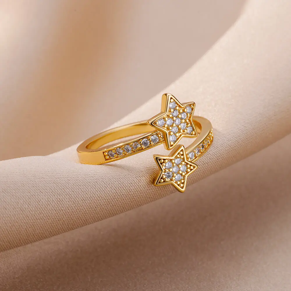 Zircon Double Star Rings For Women Gold Color Stainless Steel Opening Stars Finger Ring Wedding Party Aesthetic Jewelry Gift