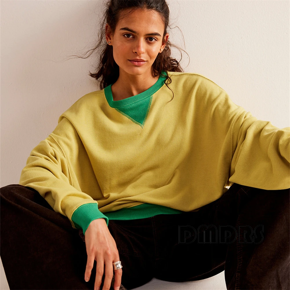 Street Long Sleeved Hoodie for Women Spring Autumn Thread Color Contrasting Sweatshirt Trendy Round Neck Pullover