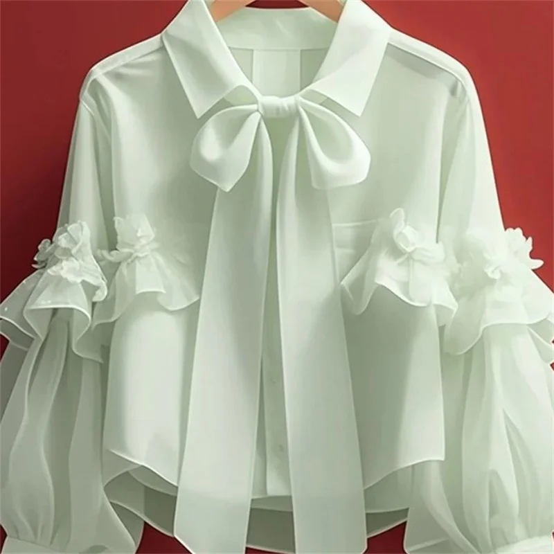 2025 봄 가을 새로운 여성 프랑스어 달콤한 블루 보우 짧은 셔츠 우아한 다목적 느슨한 카디건 숙녀 긴팔 블라우스상의